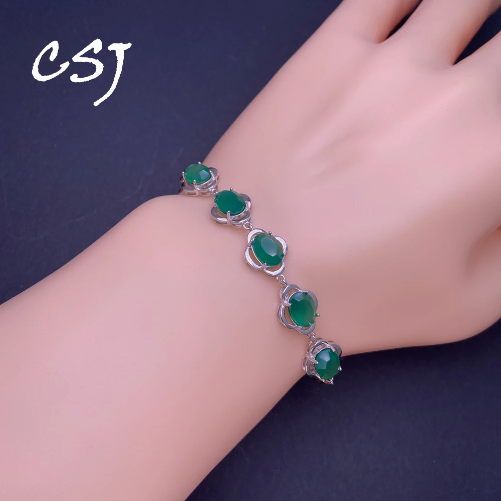

Trendy Natural Green Agate Bracelet Sterling 925 Silver Gemstone 6*8mm for Women Wedding Birthday Party Fine Jewelry Gift