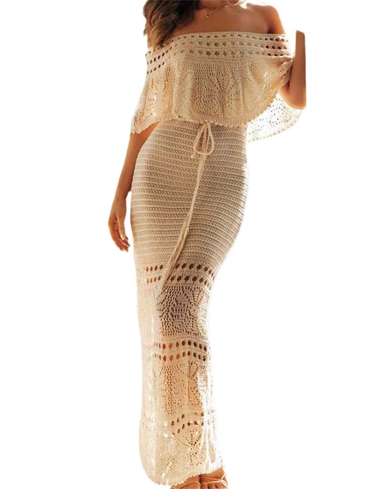 CHRONSTYLE Women Summer Knitted Long Dress Short Sleeve Off Shoulder Hollow Out Tie Up Dress Streetwear Female Vestidos 2023 New