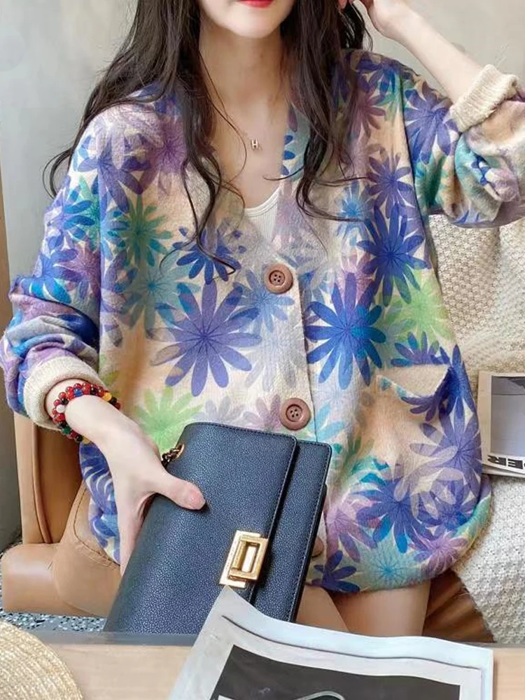 

Print Female Cardigan Autumn Spring Knitted Sweaters Women Korean Fashion Long Sleeve Tops V Neck Loose Cardigans Women