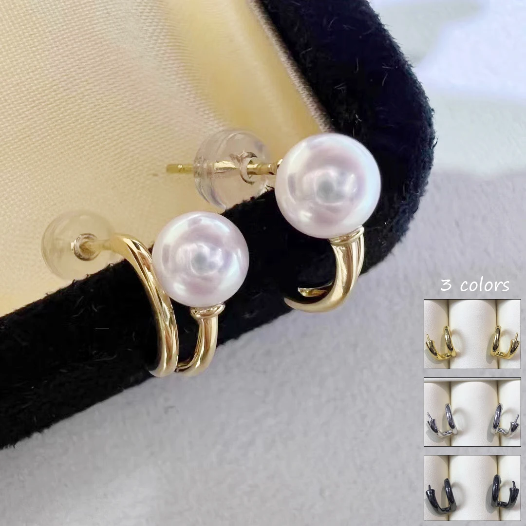 MeiBaPJ 8-9mm Natural Round Pearls Fashion Stud Earrings DIY 925 Silver Holder Fine Wedding Jewelry for Women