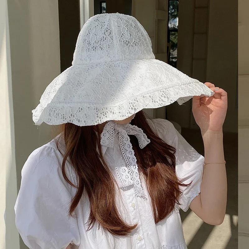 Summer Hats for Women Black White Lace Bucket Hat Beach Sunhat Large Wide Brim Anti-UV Summer Cap for Women