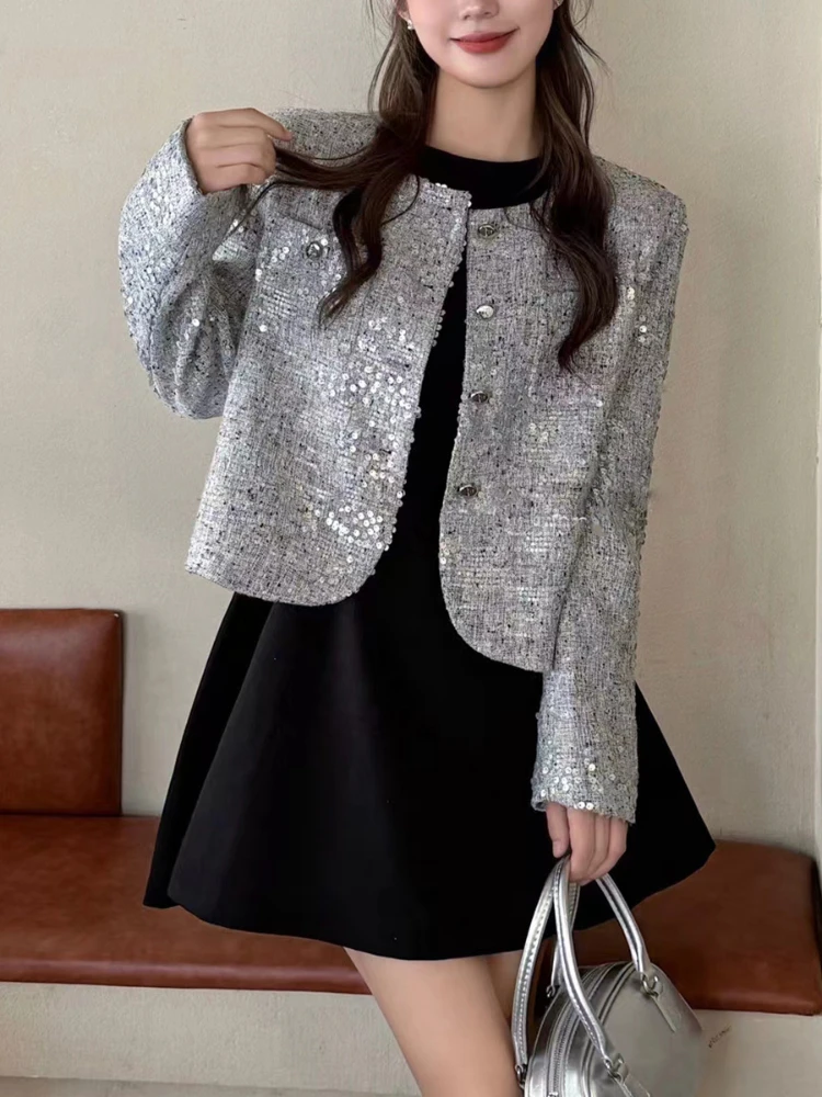 Autumn Winter New Loose Heavy Industry Sequins Design Sense Coat Fragrant Style Celebrity Elegant High Sense Cardigan Women