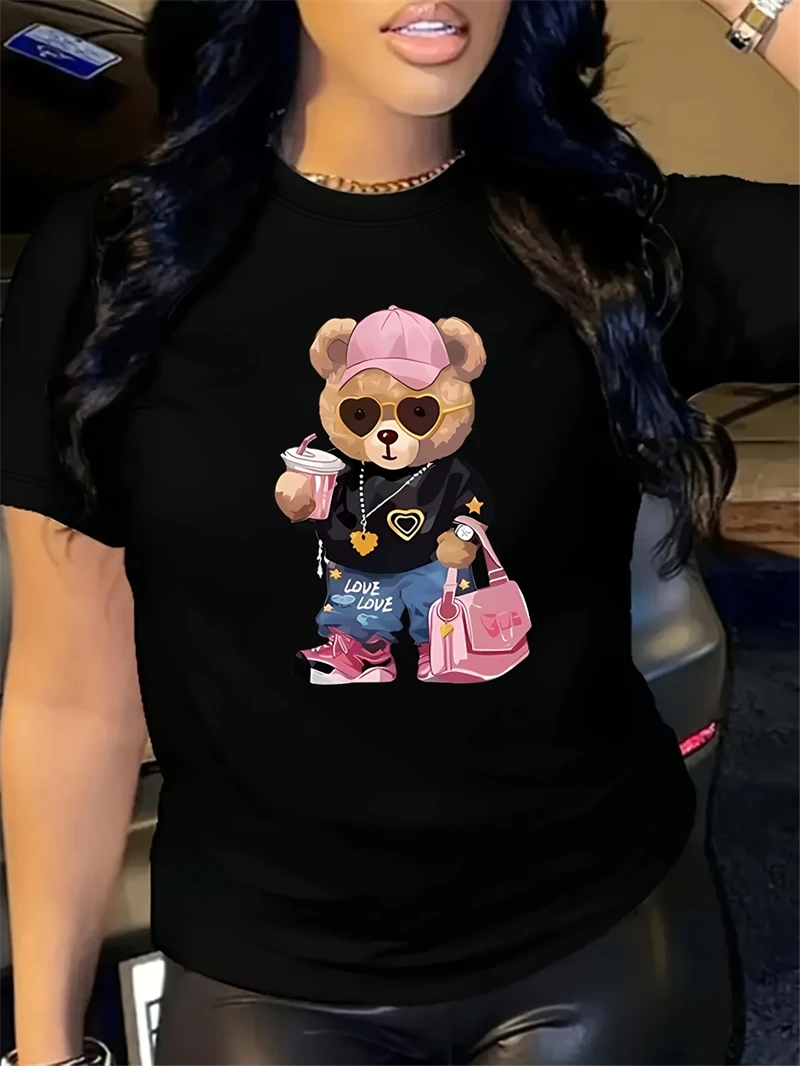 T-shirt z nadrukiem niedźwiedzia z kreskówek, swobodny top z krótkim rękawem i okrągłym dekoltem na wiosnę i lato, koszulka z odzieżą damską