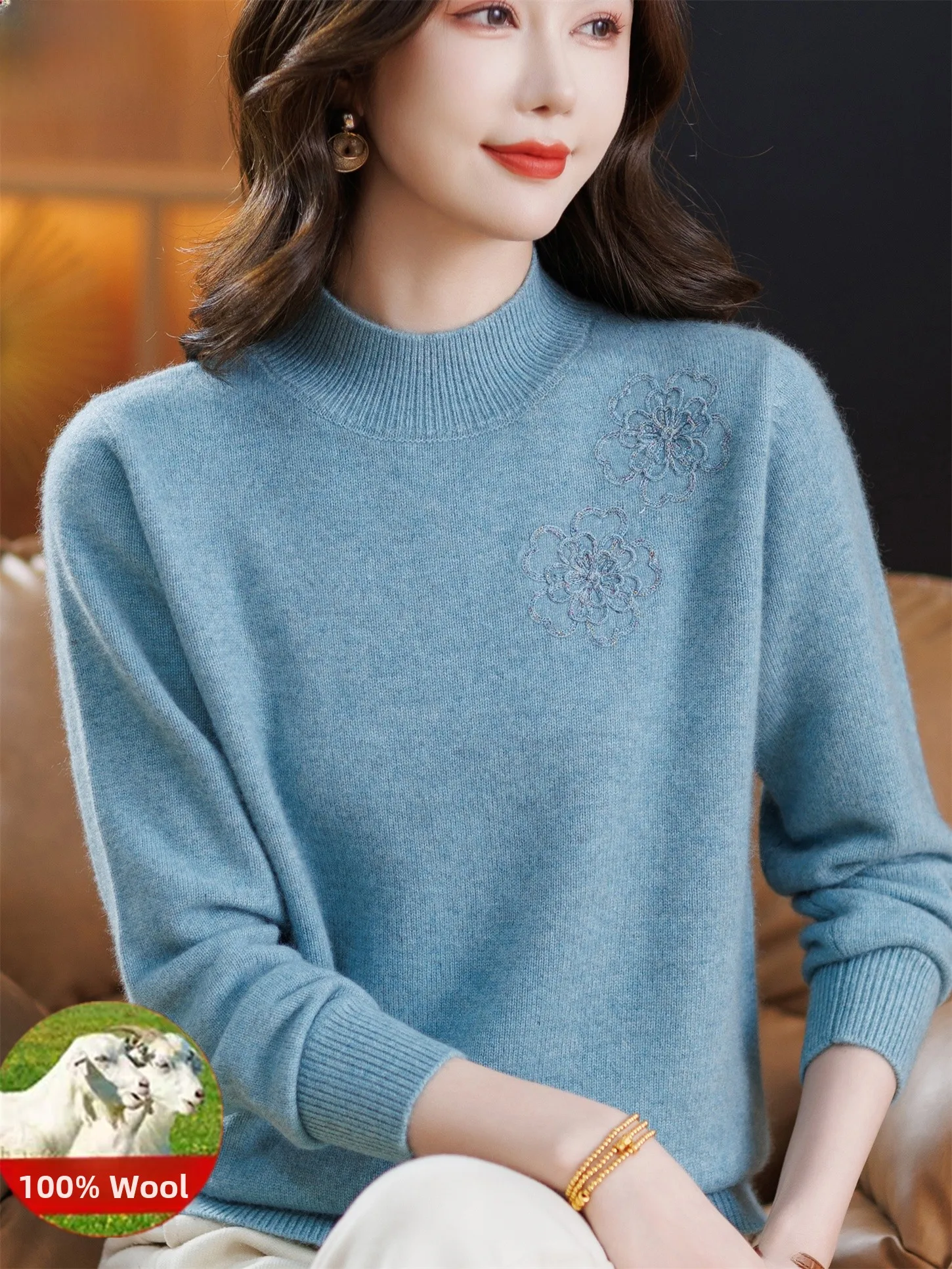 

High-End 00% Pure Wool Thiened f-High Collar Women's Base irt Warm Top for Mom Winter Faion ape Loose Fit