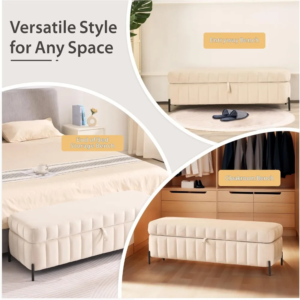 Bangku Penyimpanan Kamar Tidur: Ottoman Beludru Beige Ukuran 49.2 Full/Queen untuk Penyimpanan Sepatu dan Pintu Masuk
