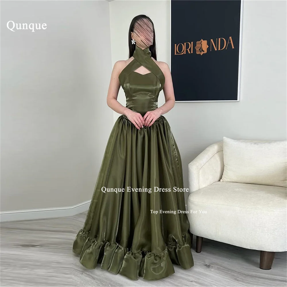 

Qunque Olive Green Evening Dresses Halter Neck Backless Long A Line Vestidos De Fiesta Elegantes Abendkleider Dubai Customized