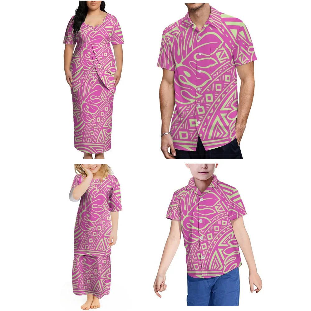 2026 Summer Customized Family Wear Polynesian Women'S Double Slit Skirt With Flared Hem - Puletasi Set Dress Men'S Casual Shirt