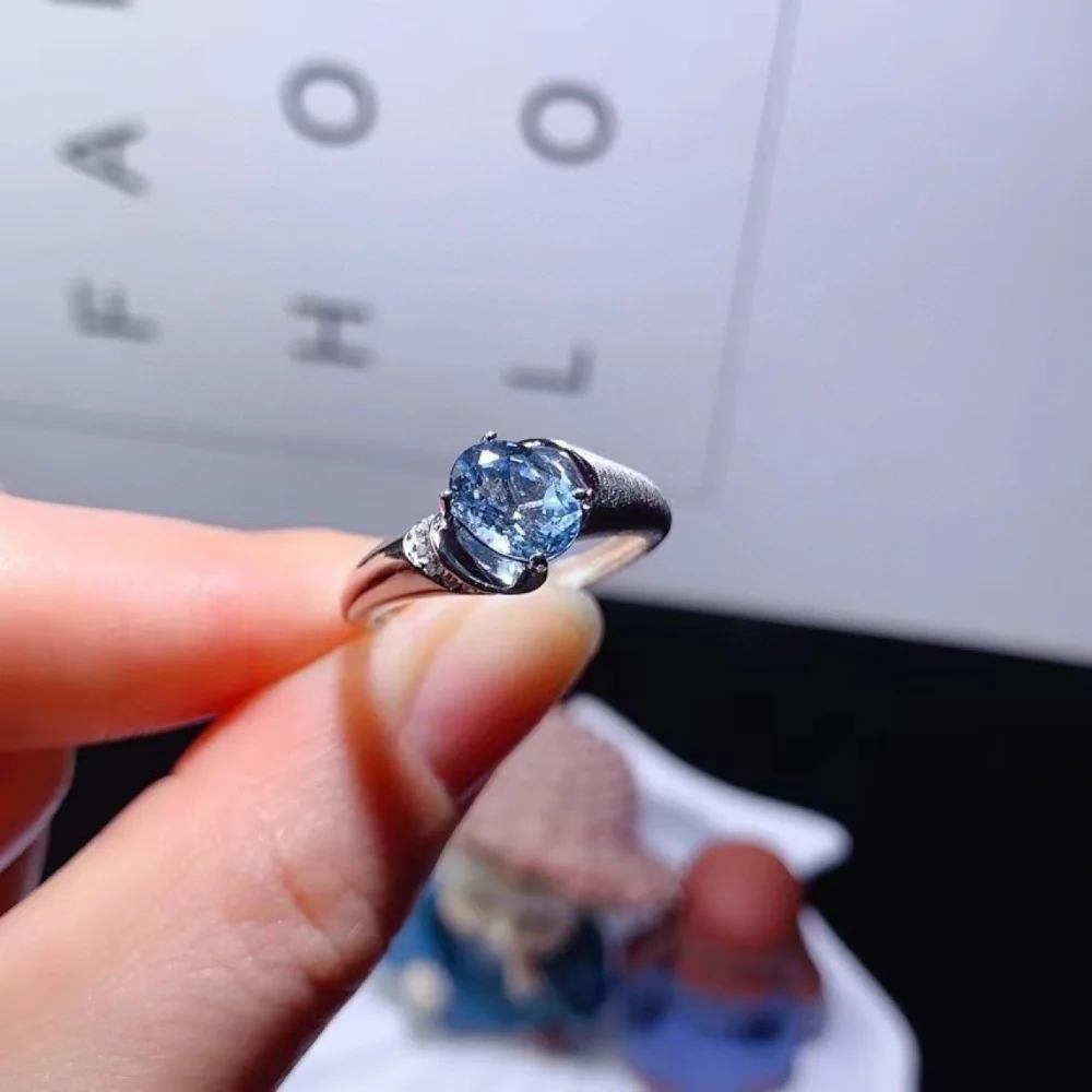 

S925 Sterling Silver Ring Inlaid with 6*8mm Natural Aquamarine - Unisex Fashion Jewelry, Adjustable Open Design