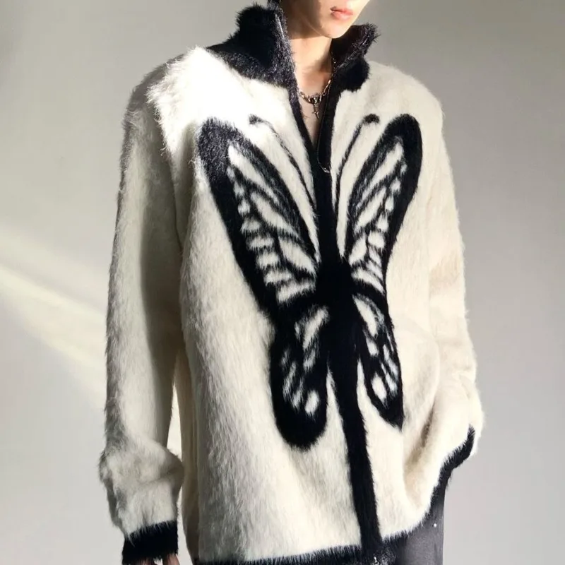 Men's Models Fairy Winter Autumn Tops Coat Sweater Knit Print Butterfly Standing Collar Zipper Retro Leisure Simple Advanced