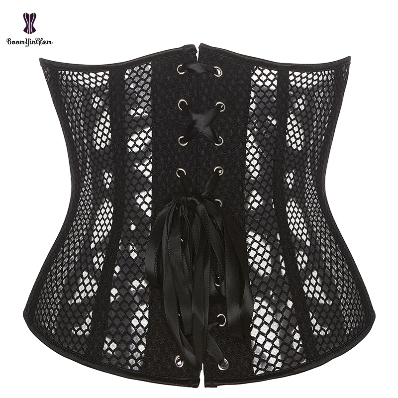 Summer Hollow Out Waist Cincher Shaper 5 Metal Busk Women Black Leather Translucent Mesh Underbust Corset Top Plus Size XS-6XL