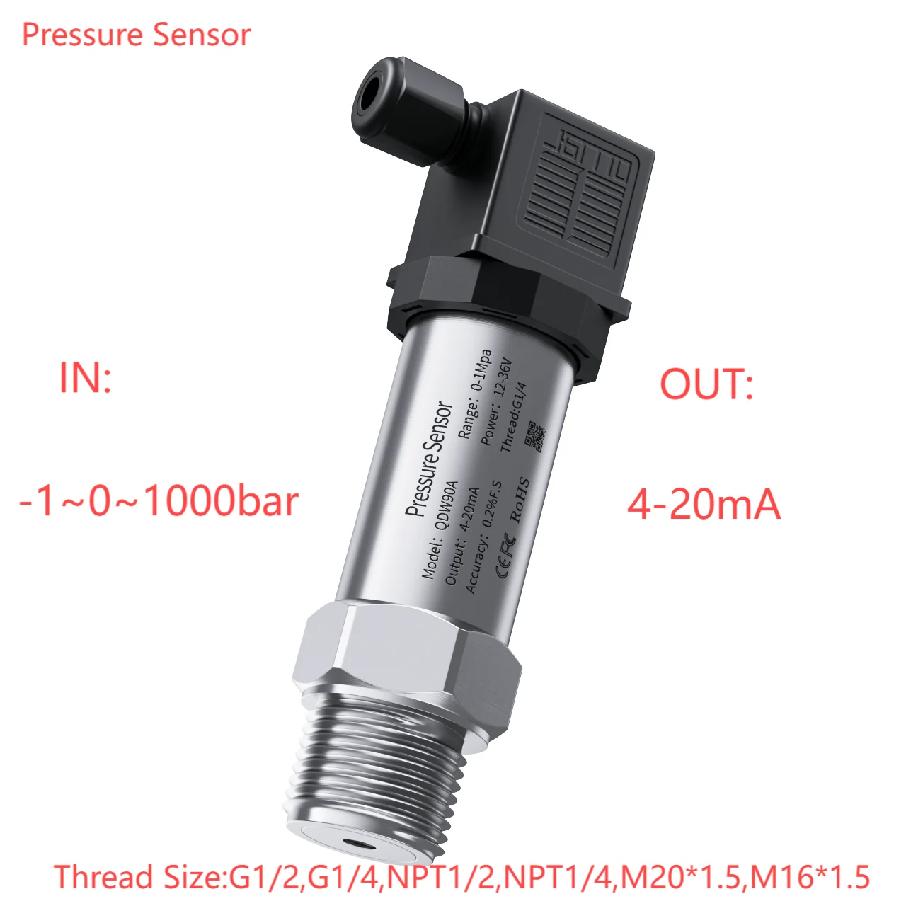 4-20mA Pressure Transmitter Sensor 0.1bar/10bar Gauge 24V Supply G1/4