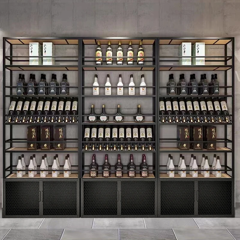 

Industrial style red wine display cabinet commercial floor wine rack wrought iron restaurant hotel bar wine cabinet win