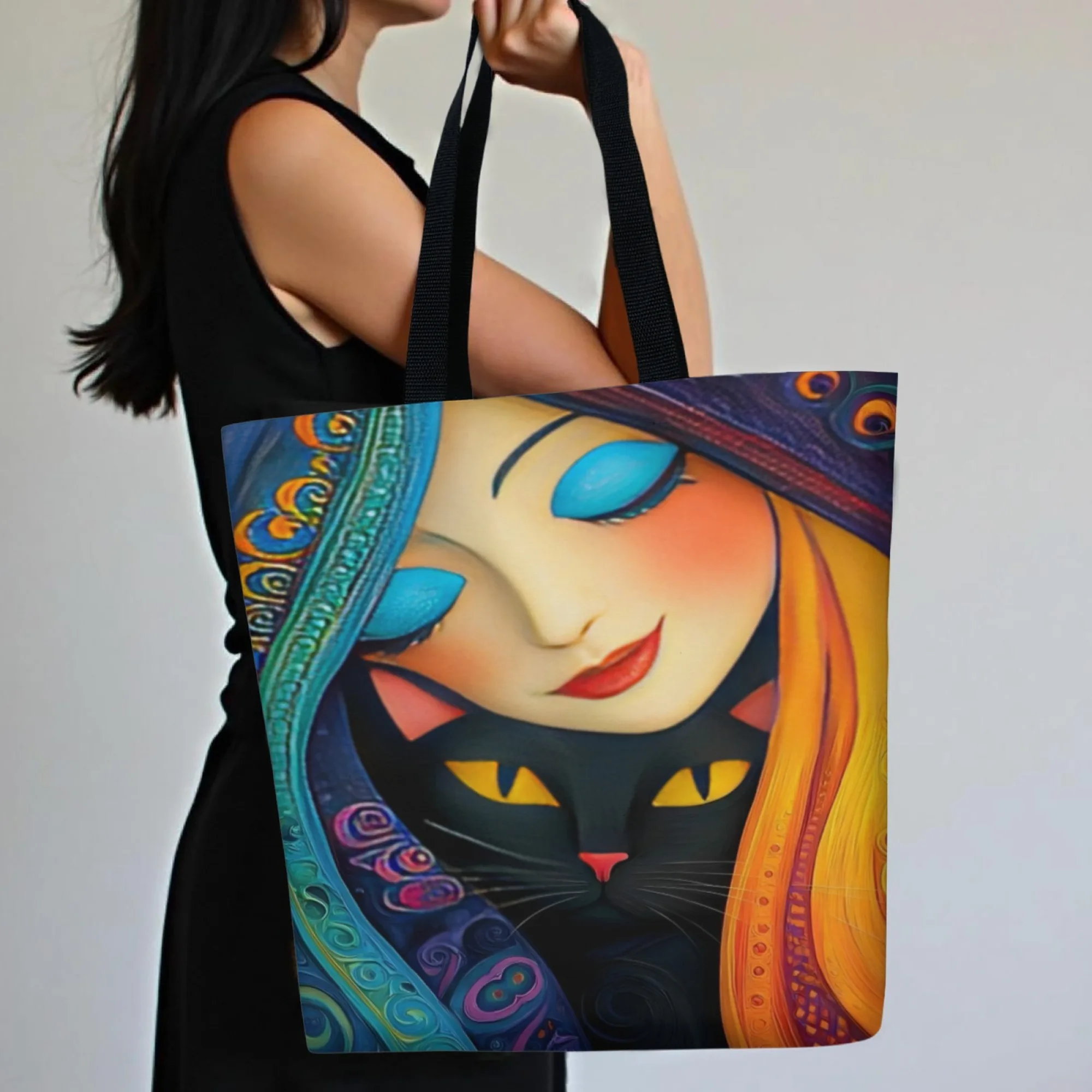

Sorceress Her Familiar Fantasy Art Tote Art Nouveau Woman Black Cat Fusion fun Illustrated Canvas Bag Gift for Magic Lovers