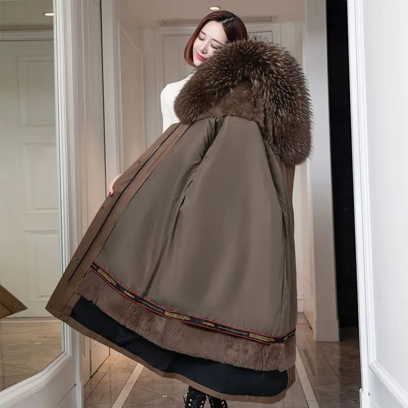 Manteau long en fourrure de raton laveur pour femme, doublure en fourrure de lapin Rex, parkas perfections d'hiver, vêtements d'extérieur chauds à capuche, optique grande taille, nouveau, 2023