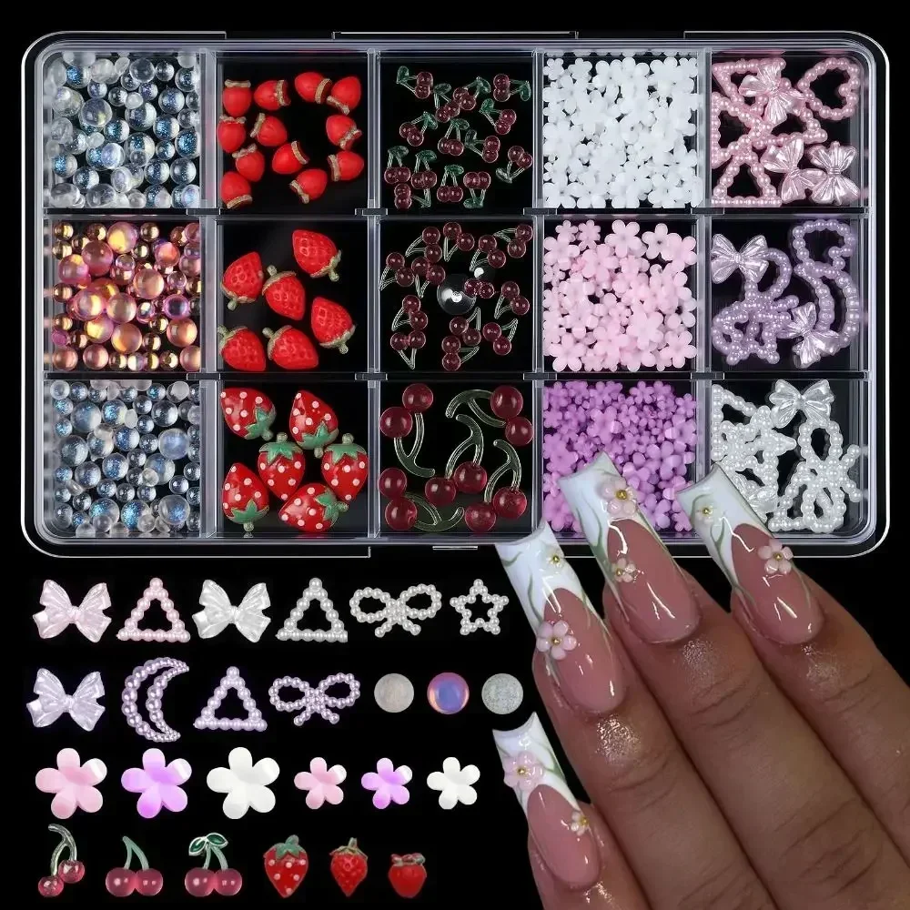 12/15칸/박스 믹스 레진 리본 네일아트 장식 3D 아크릴 참 장식품 귀여운 컬러풀 리본 라인스톤 DIY 매니큐어 도구 부품