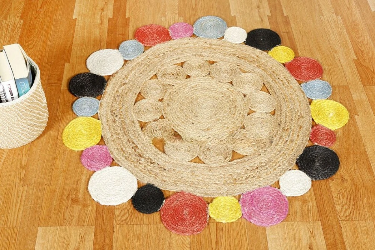 

Braided Cotton and Jute Indian Any Room Round Floor Rug Rag Yoga Mat 3 Feet Rugs Living Room