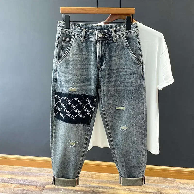 

Jeans for Men Embroidery Torn Graphic Male Cowboy Pants Trousers Ripped with Holes Tapered Aesthetic Harem Broken Designer Retro