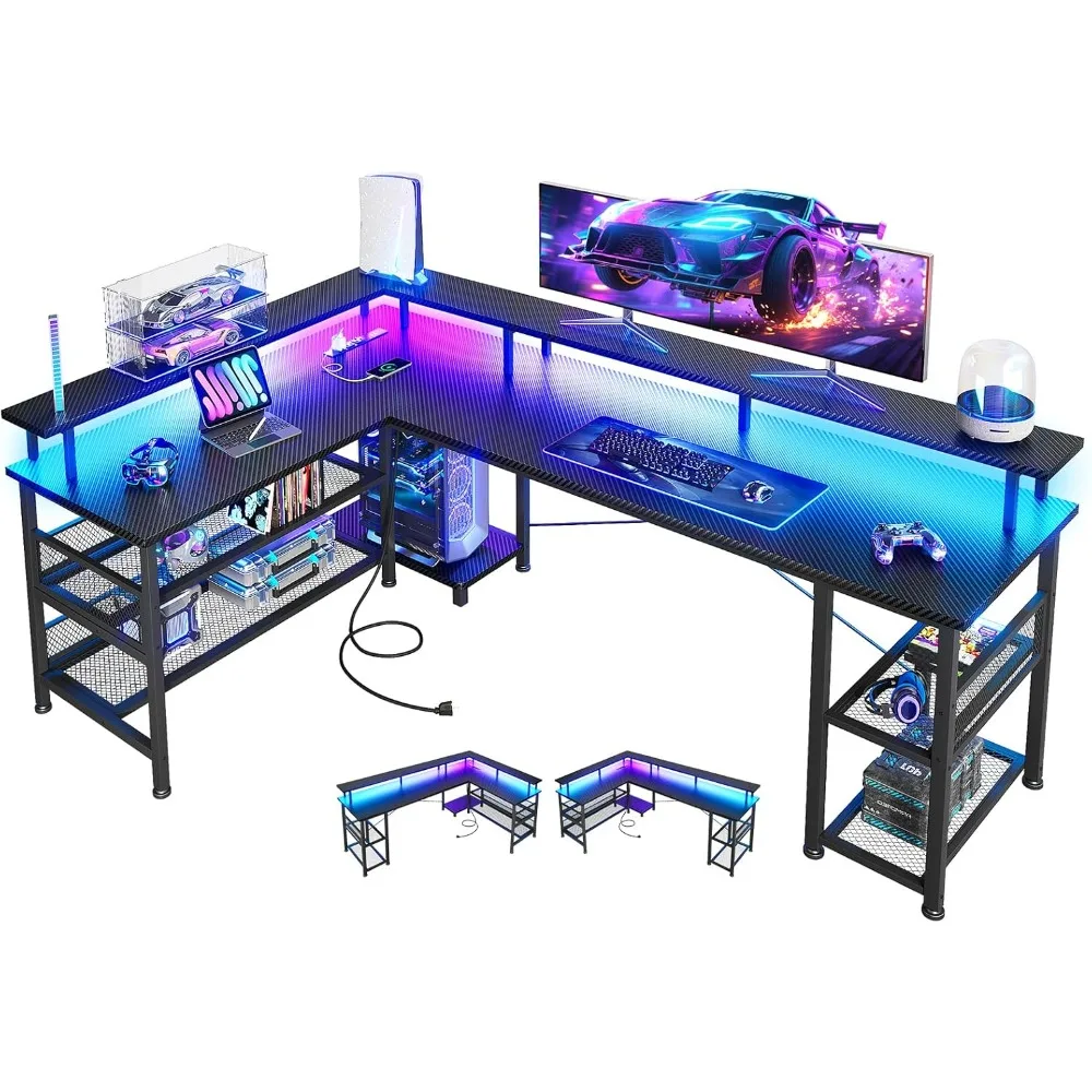 

66 L-shaped gaming table with power socket and LED lights, carbon fiber textured PC gaming table, reversible L-shaped table