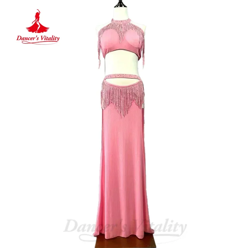 

BellyDance Set Custom Senior AB Stones Sleeveless Top+Sexy Tassel Long Skirt 2pcs Oriental Dance Professional Practice Clothes