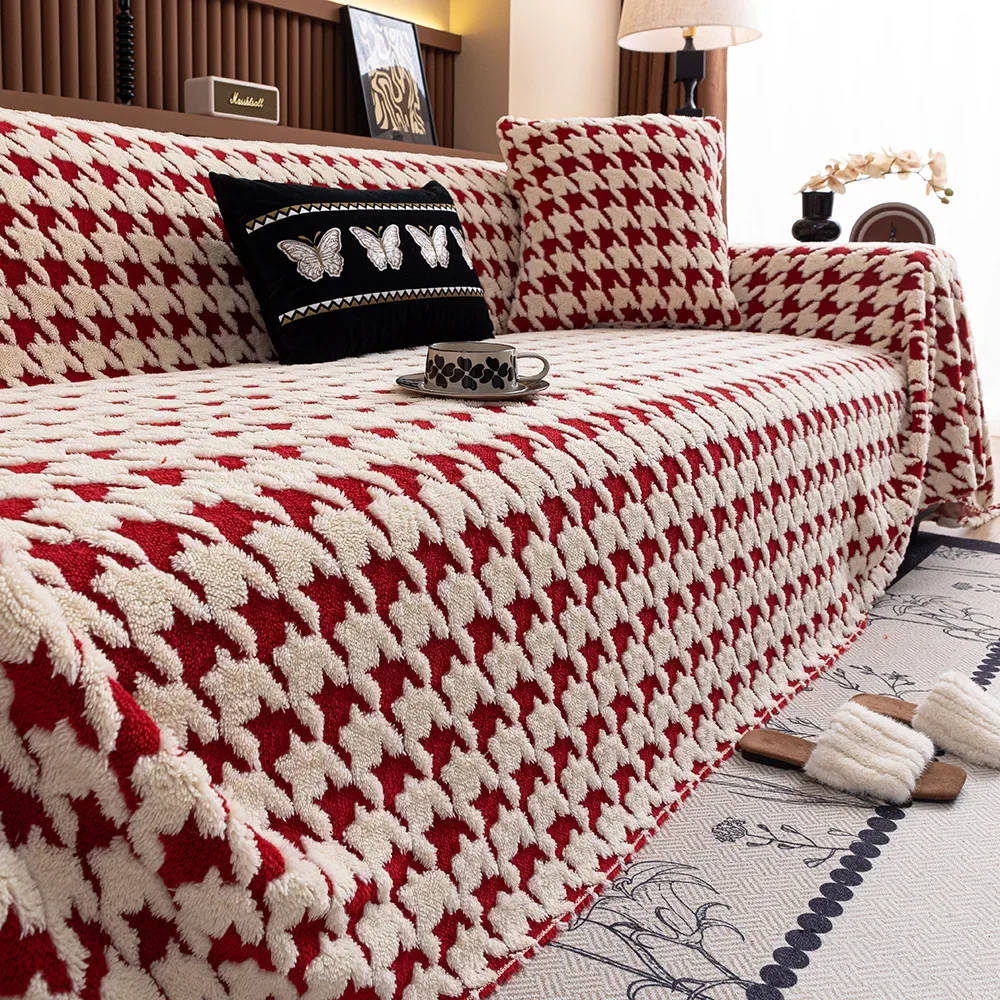 EIFLOY-Houndstooth Plush Sofa Cover, Anti Slip, Blanket, 3 Seat, Thick Corner Couch Slipcover, Velvet Furniture Protector, Soft