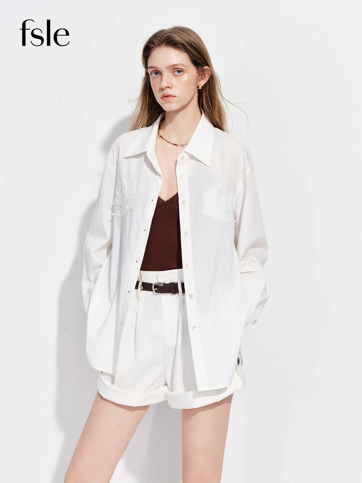FSLE 2026 Spring New Women's Color Block Patchwork Embroidered Shirt Slim-Fit Long Sleeve Casual Office Minimalism Blouse Chic