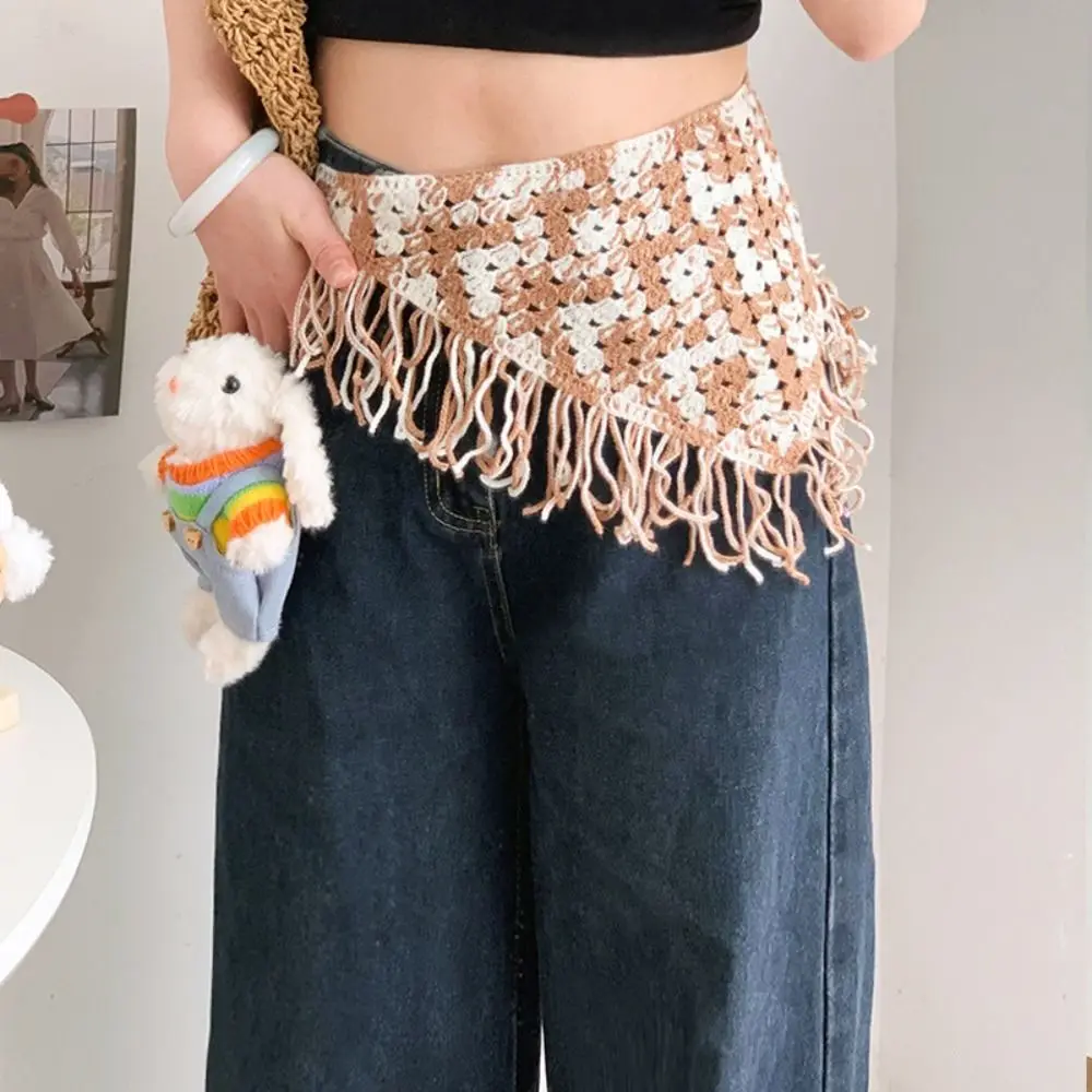 

Retro Bohemian Turban Knitted Triangle Headscarf Colorful Shawl Apron Wrap with Fringe Cummerbund Hip Scarf Summer