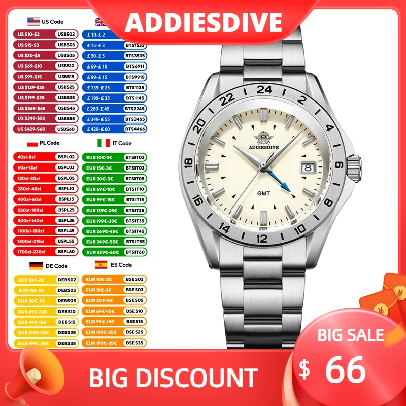 

ADDIESDIVE Top Brand GMT Quartz Watch For Men Sapphire Glass Stainless Steel 200m Waterproof Diver's Watch AD2063 relojes hombre