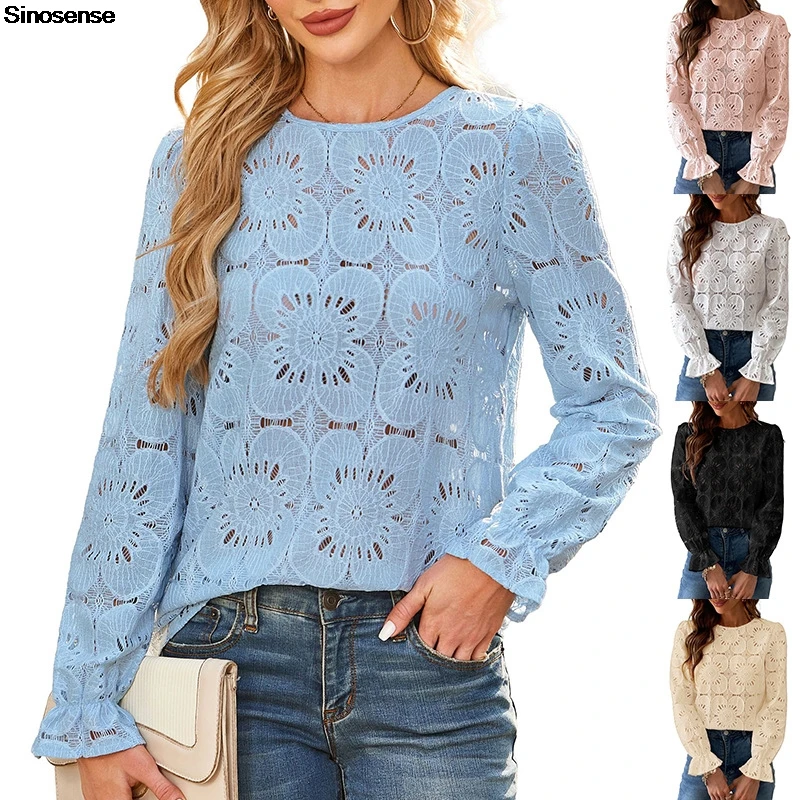 

Women Eyelet Long Sleeve Tops Shirts Dressy Hollow Out Crochet Lace Embroidered Blouses Y2K Daily Street Date Work Vocation Tops