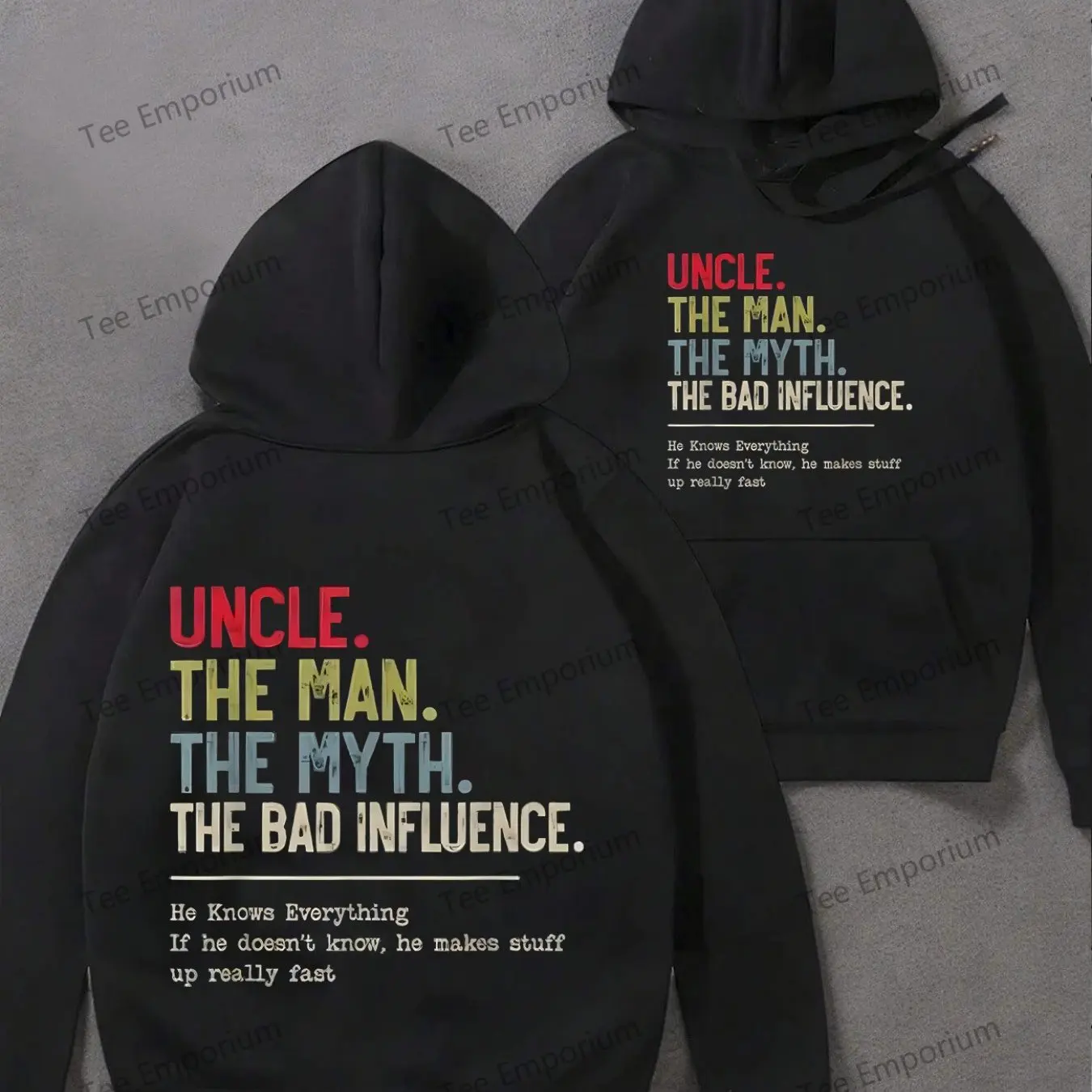 

black hooded sweatshirt uncle theme 2025 graphic print with multicolor title and knows everything text long sleeve casual