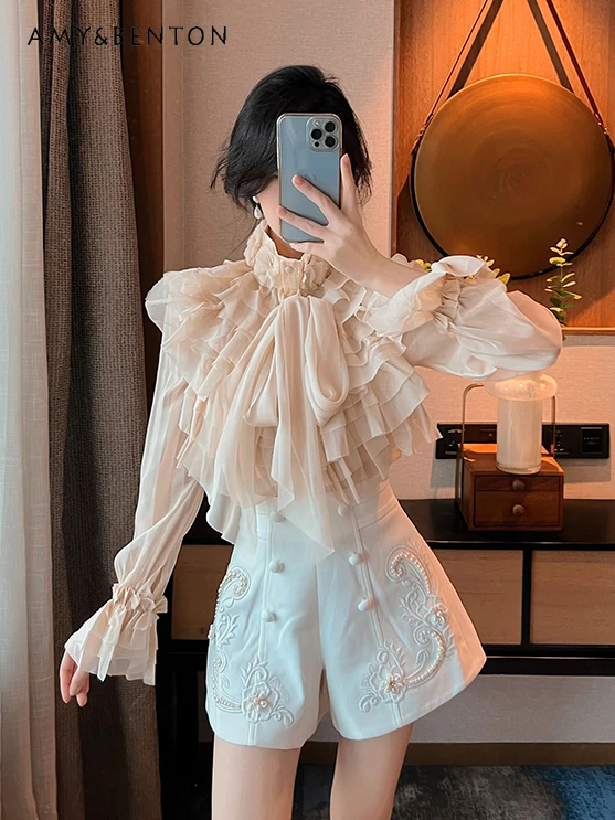 

Fashion Temperament Blouse Women French Elegant Sweet Lotus Leaf Slim Chiffon Shirt Spring New Commute Style Graceful Shirts