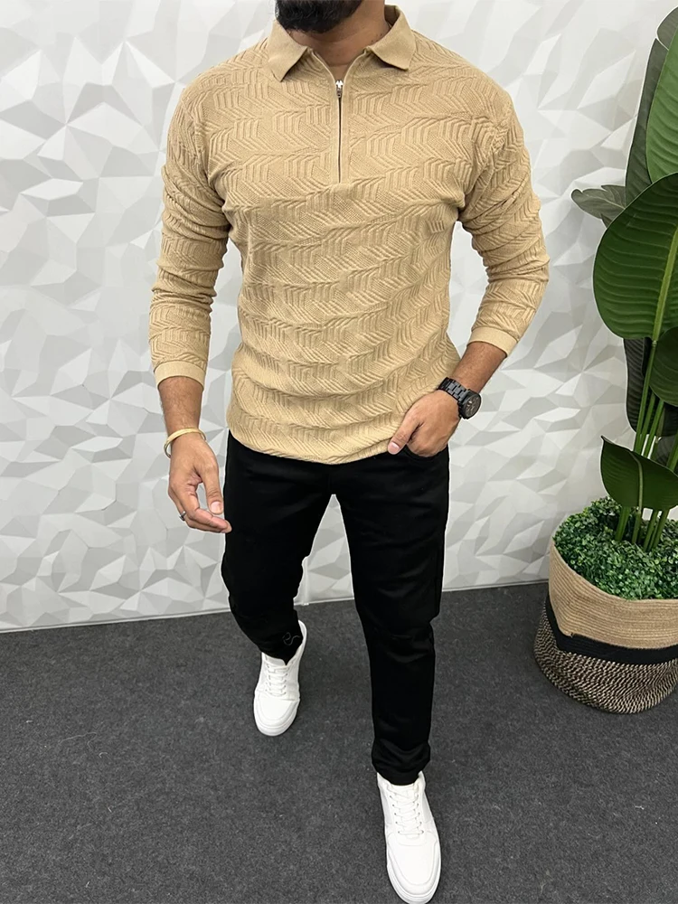 Long Sleeve Knitted Polo Shirts Men Sweater Vintage Polo Collar Zipper Solid Color Knit Tops For Mens Casual Slim Fit Sweaters