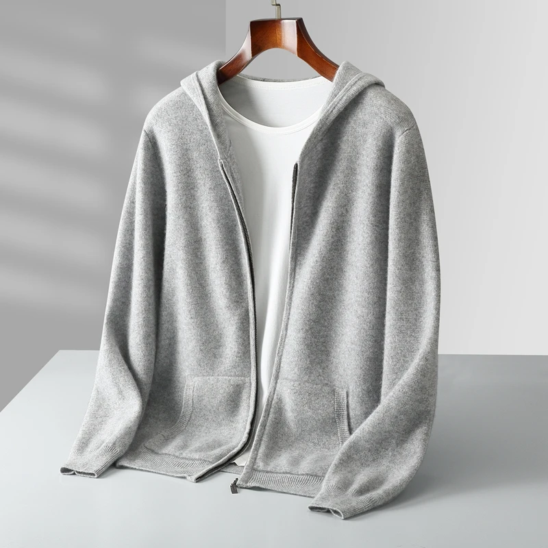Autumn And Winter New 100% Pure Wool Men's Knitted Cardigan Hooded Cashmere Sweater Zipper Sweater Coat