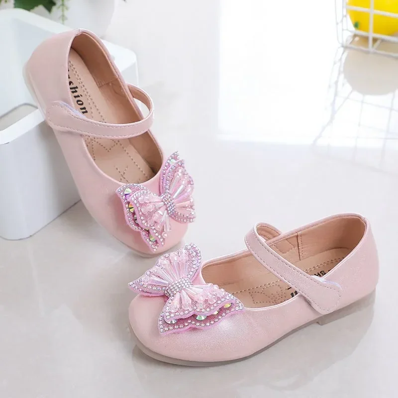 Girls Casual Shoes Princess Baby Sequin Bow Flat Shoes Fashion Children\'s Performance Leather Shoes 2023 Spring Summer New H155