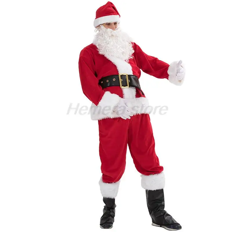 Traje completo de cosplay de Papai Noel masculino, roupa de Natal para adulto, terno de Papai Noel com chapéu, barba golves, 7 peças