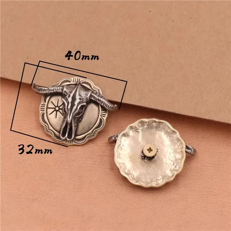 Retro Brass Western Cowboy Texas Bull Buffalo Longhorn Head Skull Leathercraft Bridle Conchos Western Decor Screwback