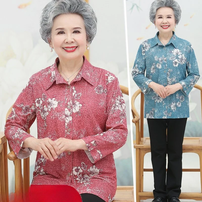 เสื้อแขนยาวบางเบาสำหรับผู้หญิงวัยกลางคนอายุ 60-70 ปี เหมาะสำหรับฤดูใบไม้ร่วงและฤดูร้อน