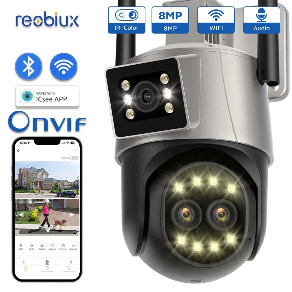 Reobiux Wifi PTZ Camera Outdoor Surveillance Three Lens IP Cam CCTV Security Protection Dual Screen 8X Digital Zoom Camera