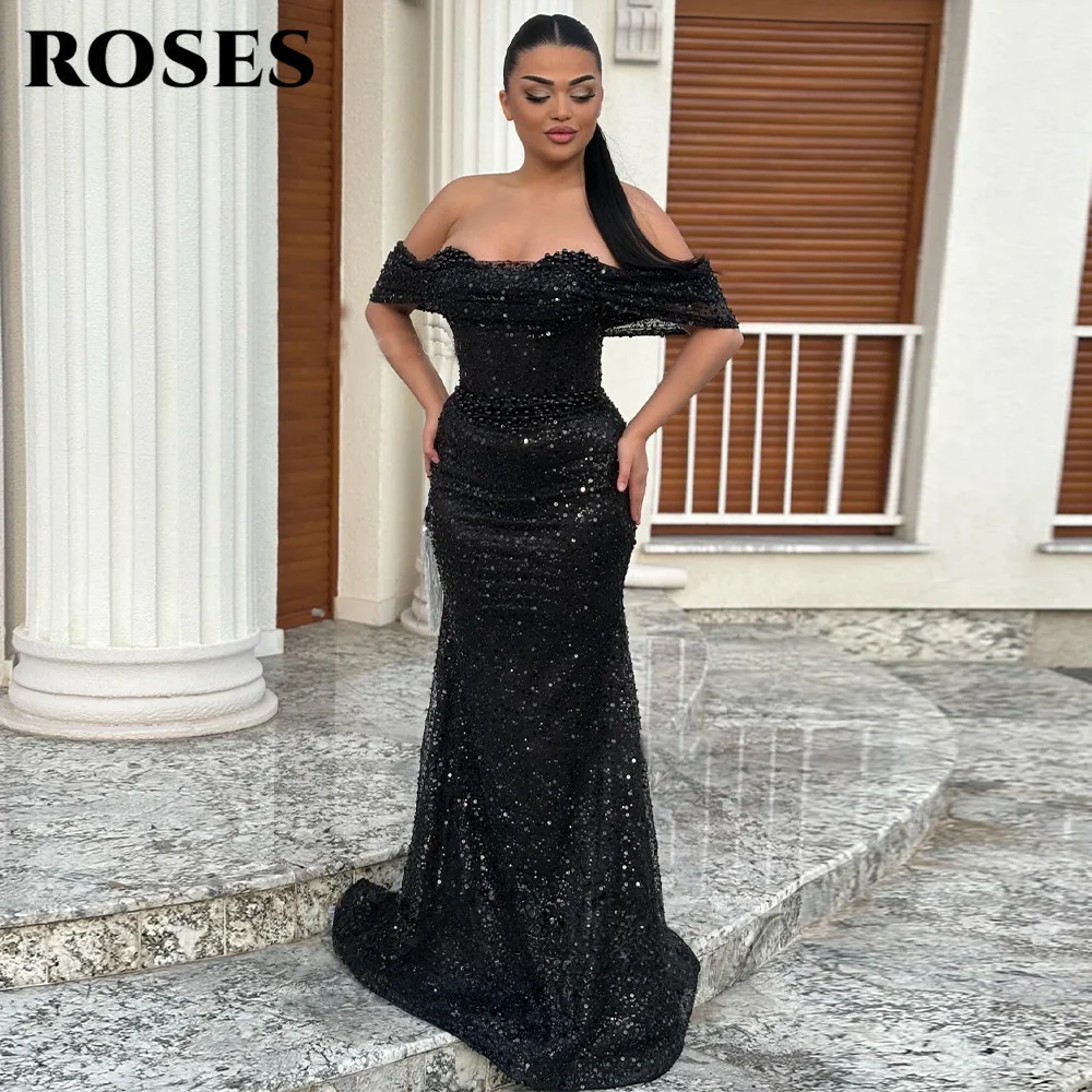 فستان سهرة أنيق باللون الوردي من ROSES بدون أكتاف مع لؤلؤ ومطرز بالترتر فستان حفلات حورية البحر للمرأة حسب الطلب #5