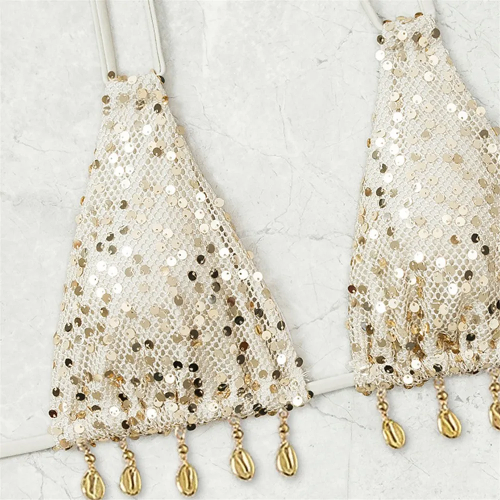 2026年 スパンコール シェル水着 ストリング ホルター セクシー マイクロビキニ ショーツセット 水着 レディース メタルリング 水着 ビキニ デ ムヘール