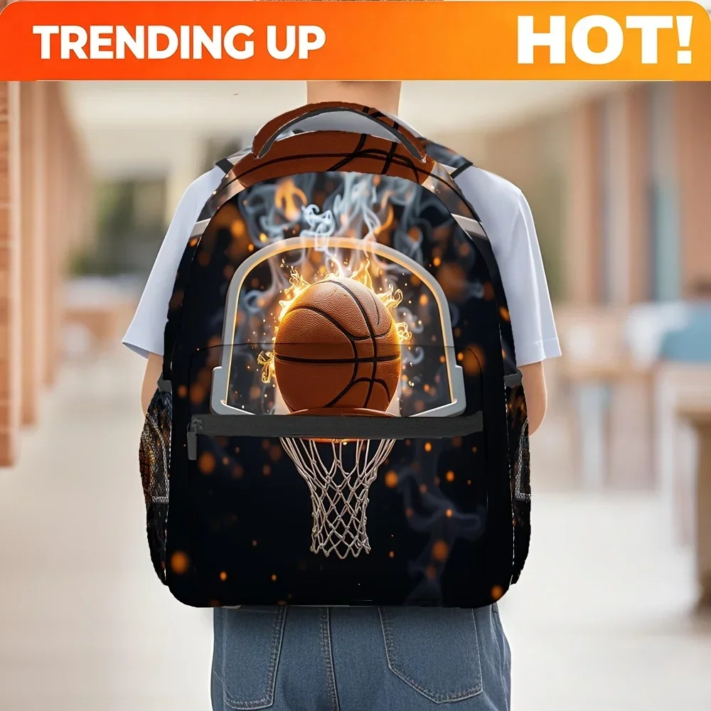Custom Bag 1pc Dynamic Basketball Design Backpack - Lightweight & Compact, 2D Flat Printing With Flames & Hoop Illustration, Per