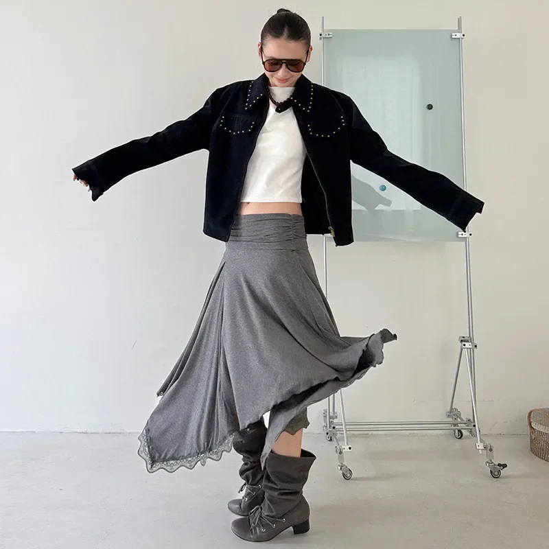 กระโปรงทรงหลวมสีพื้นแต่งลูกไม้ชายกระโปรง แฟชั่นกระโปรงโอเวอร์ไซส์ ผ้าฝ้าย กระโปรงแบบพันรอบสำหรับคู่รัก