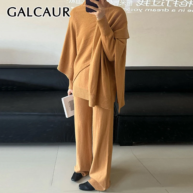 GALCAUR Soild 3 Piece Set For Women Knitted Shawl Turleneck Long Sleeve Sweater High Waist Wid Leg Pant Elegant Oufit Female New