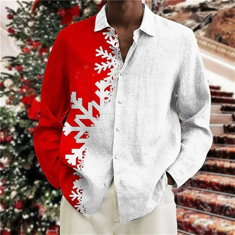 4XL Plus Size Men's Clothing Snowflake Pattern Shirts Autumn Winter Long Sleeve 3D Printed Street Christmas Blouse Casual Shirt