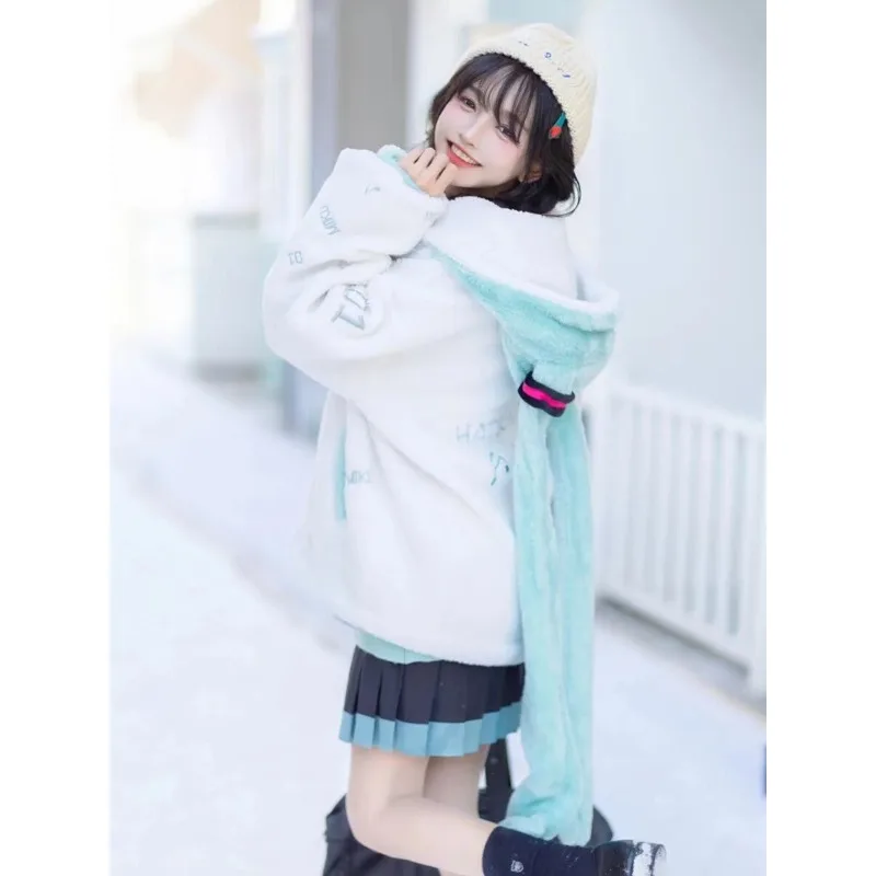 Autumn 2024 Winter Coat Cosplay Japanese Y2k Long Ear Jacket with Hooded Fleece Women White Harajuku Warm Cute Sweet Hoodie