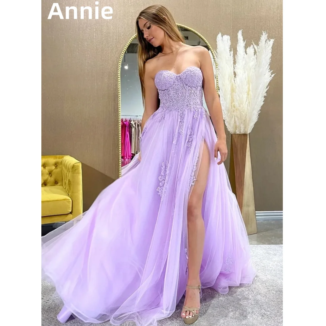 

Annie Lavender Purple Prom Dresses Sexy Strapless Side Slit Tulle Embroidery Prom Dress Special Occasion Wedding Party Dresses