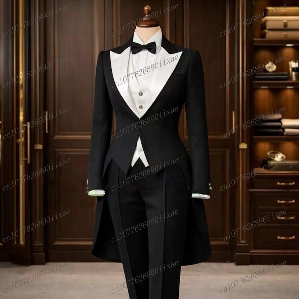 Long Black And White Women Suits Lady Business Office Tuxedos Mother Wedding Party Formal Ladies 3 Piece Set Jacket Vest Pants