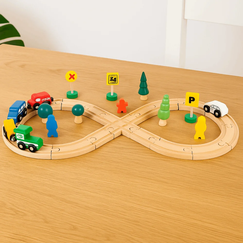 Treno in legno per bambini a forma di 8 Assemblaggio fai-da-te Educazione precoce Formazione del pensiero Pista del treno Giocattolo Puzzle Luce di segnalazione