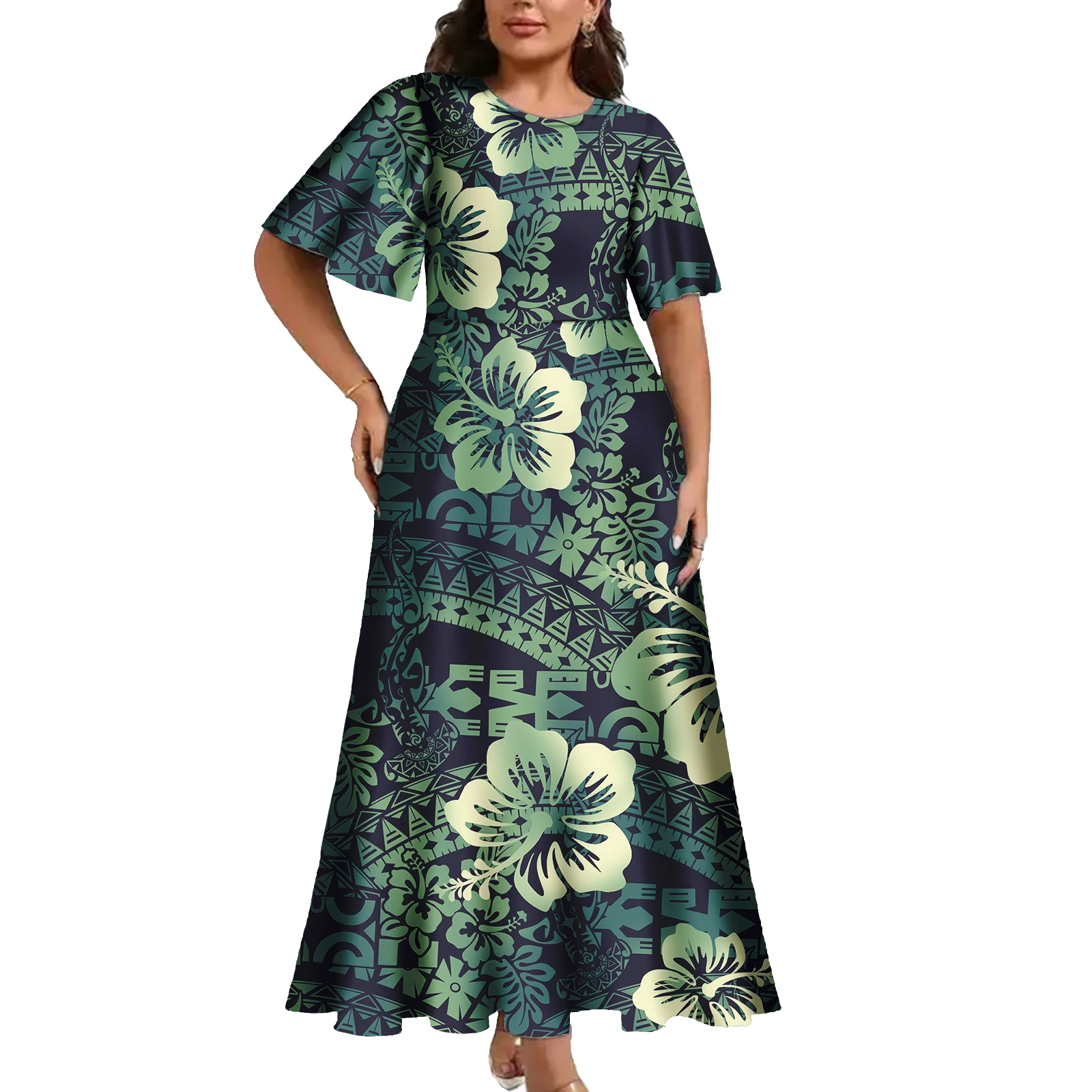 2025 Latest Island Dress Long Clothes Dresses Samoan Puletasi Polynesian Tribal  Plus Size  Short Sleeve Women's Clothing