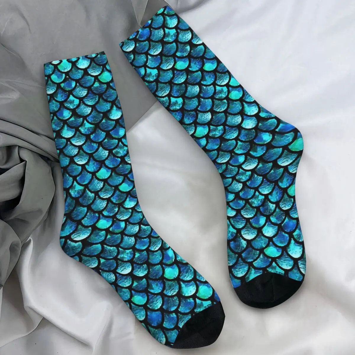 

Mermaid Scales Turquoise Blue Socks Casual Stockings Unisex High Quality Running Socks Autumn Pattern Non Slip Socks