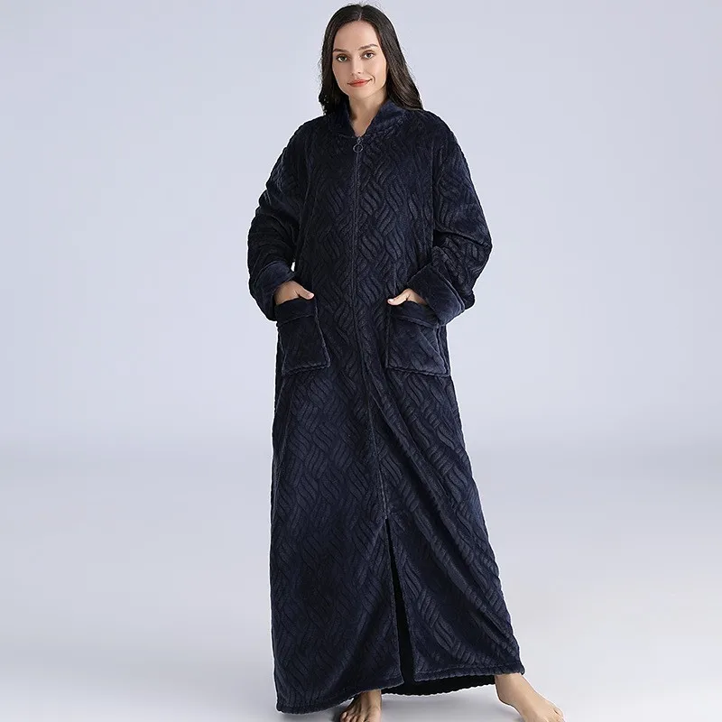 Extended Women\'s Flannel Zipper Pajamas Solid Color Jacquard Thick Warm Bathrobe Plus Size Women\'s Bathrobe Couple Bathrobe